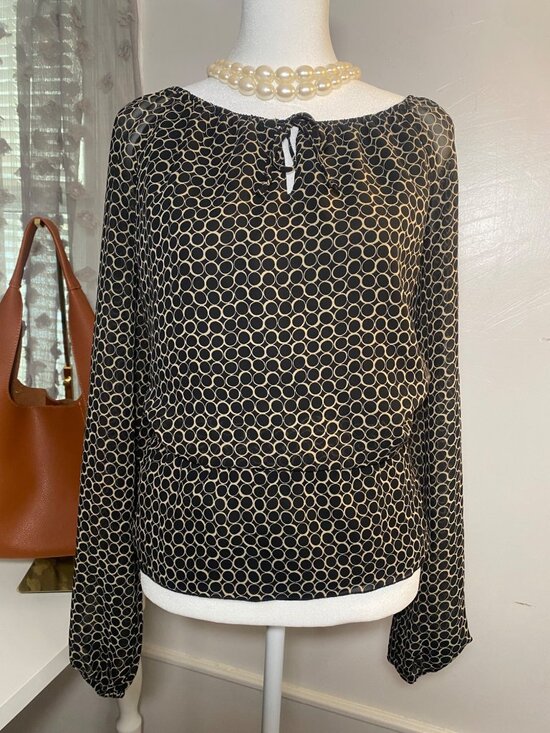 Style & Co. Tops - Style & Co Black Beige Geometric Blouse 1X Sheer Balloon Sleeve Top